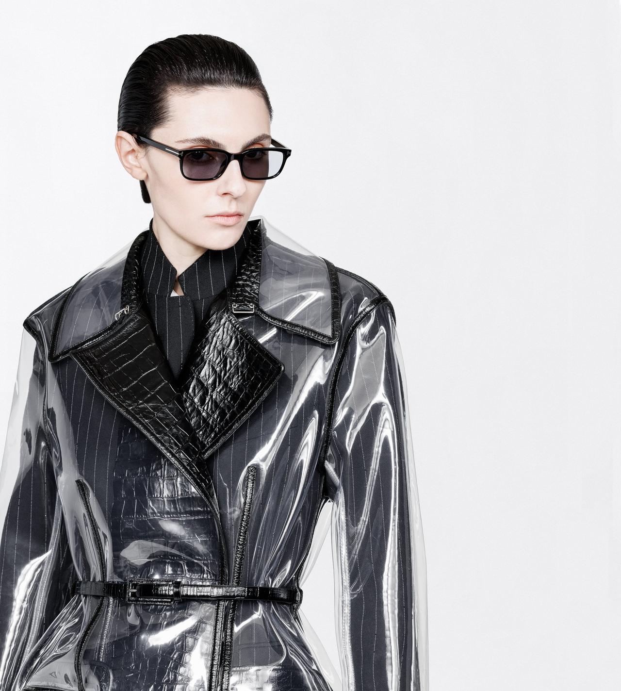 TOM FORD THERMOPOLYURETHANE BLACK GLASS-EFFECT TECHNICAL FABRIC AND EXOTIC PRINTED LEATHER BELTED TRENCH COAT