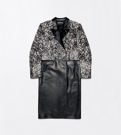 TOM FORD LEATHER BLACK + WHITE LAMBSKIN WITH CALF HAIR AND PRINTED LEATHER DOUBLE BREASTED COAT