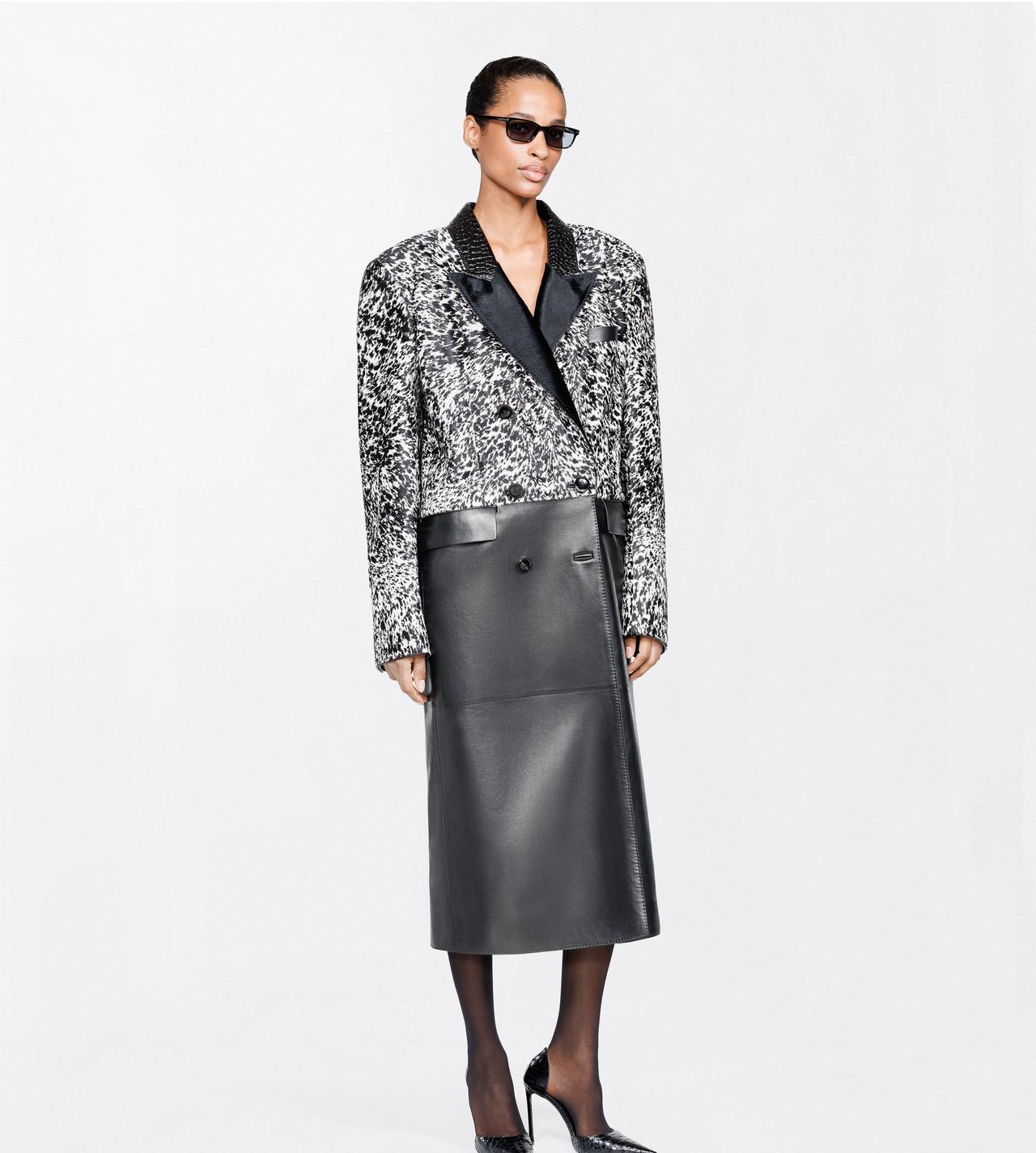 TOM FORD LEATHER BLACK + WHITE LAMBSKIN WITH CALF HAIR AND PRINTED LEATHER DOUBLE BREASTED COAT
