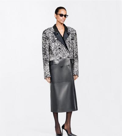 TOM FORD LEATHER BLACK + WHITE LAMBSKIN WITH CALF HAIR AND PRINTED LEATHER DOUBLE BREASTED COAT