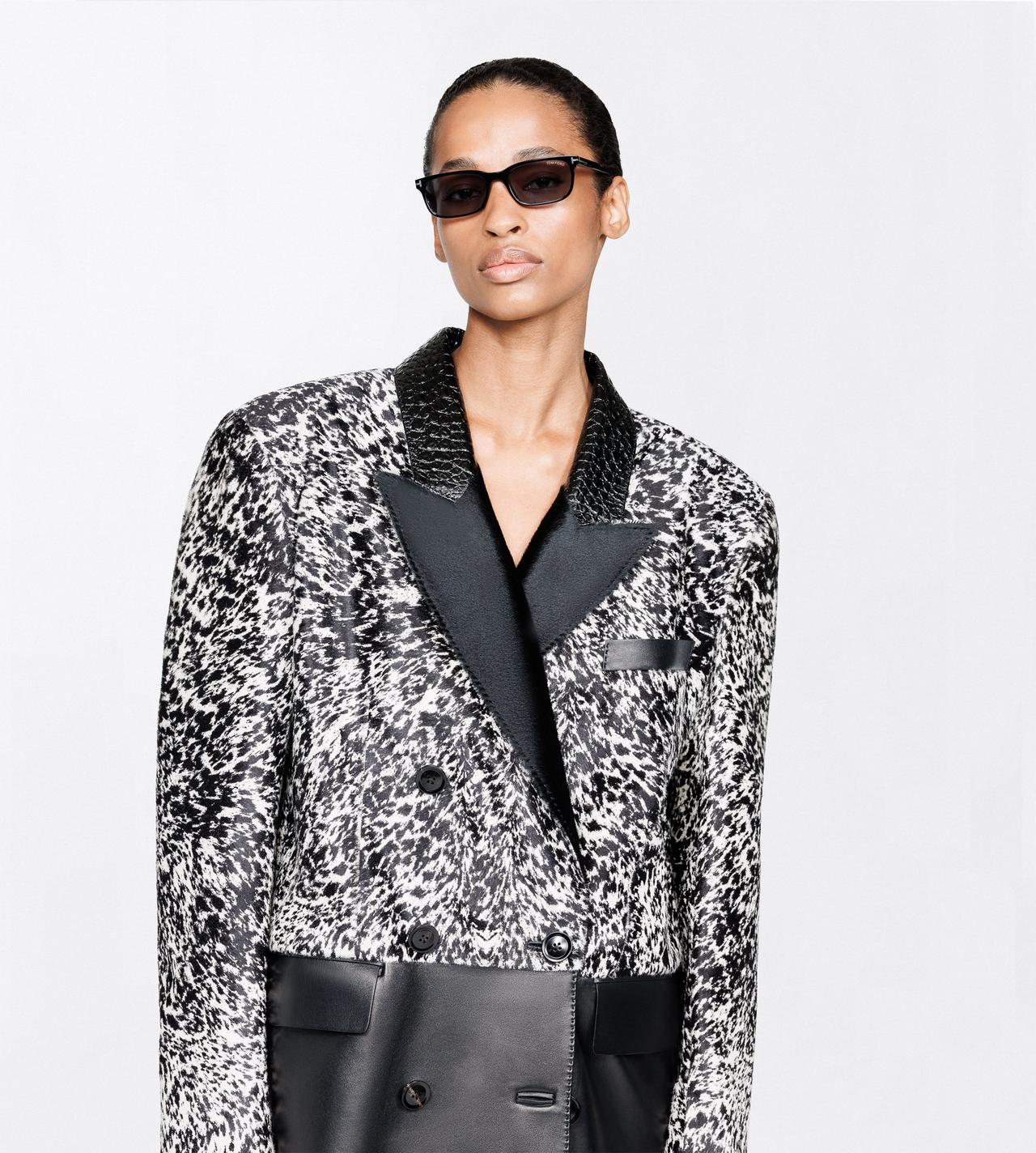 TOM FORD LEATHER BLACK + WHITE LAMBSKIN WITH CALF HAIR AND PRINTED LEATHER DOUBLE BREASTED COAT