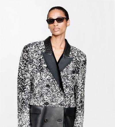 TOM FORD LEATHER BLACK + WHITE LAMBSKIN WITH CALF HAIR AND PRINTED LEATHER DOUBLE BREASTED COAT