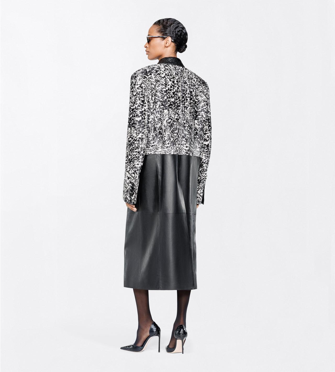 TOM FORD LEATHER BLACK + WHITE LAMBSKIN WITH CALF HAIR AND PRINTED LEATHER DOUBLE BREASTED COAT