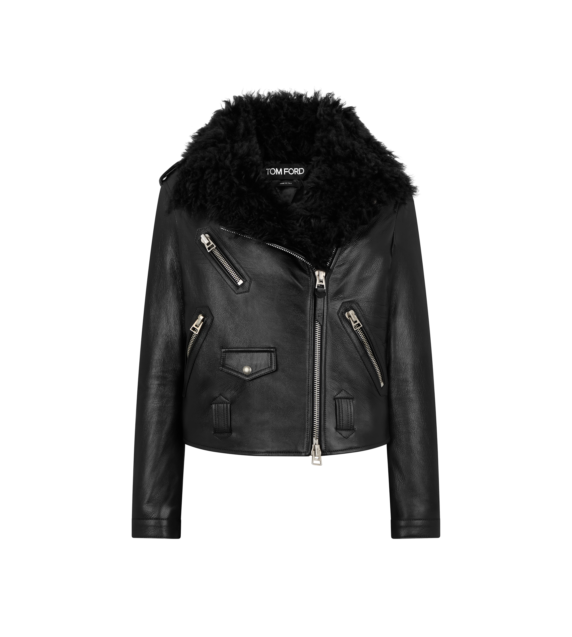 ASYMMETRIC LEATHER BIKER JACKET WITH SHEARLING