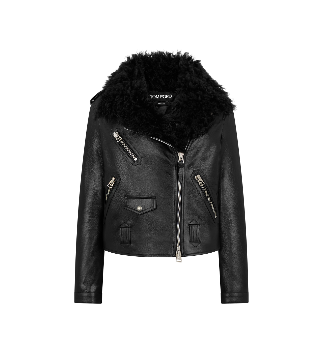 ASYMMETRIC LEATHER BIKER JACKET WITH SHEARLING image number 0