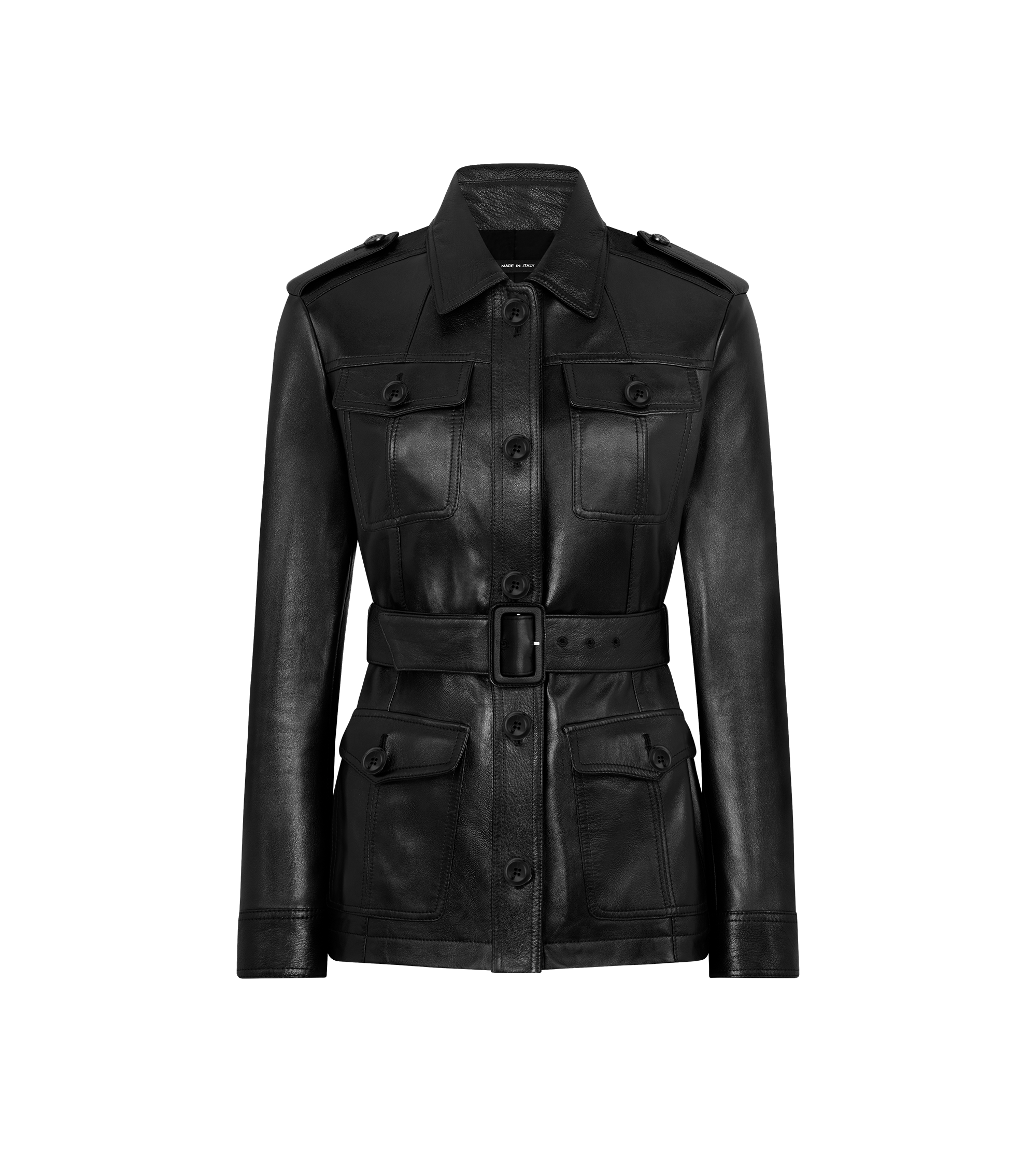 SHINY PLONGE LEATHER BELTED SAFARI JACKET