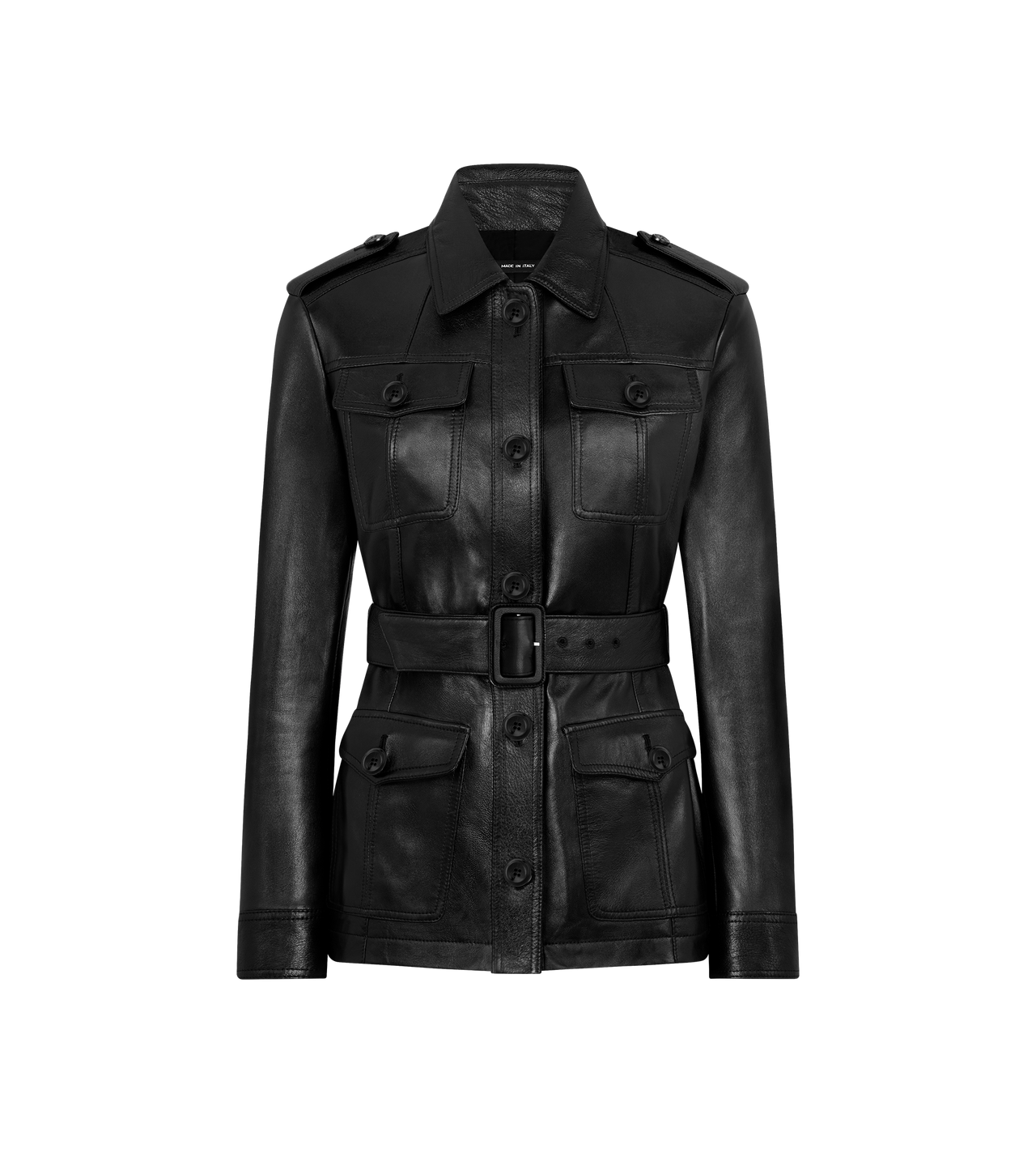 SHINY PLONGE LEATHER BELTED SAFARI JACKET image number 0