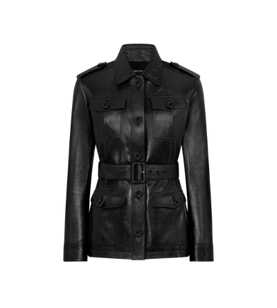 SHINY PLONGE LEATHER BELTED SAFARI JACKET image number 0