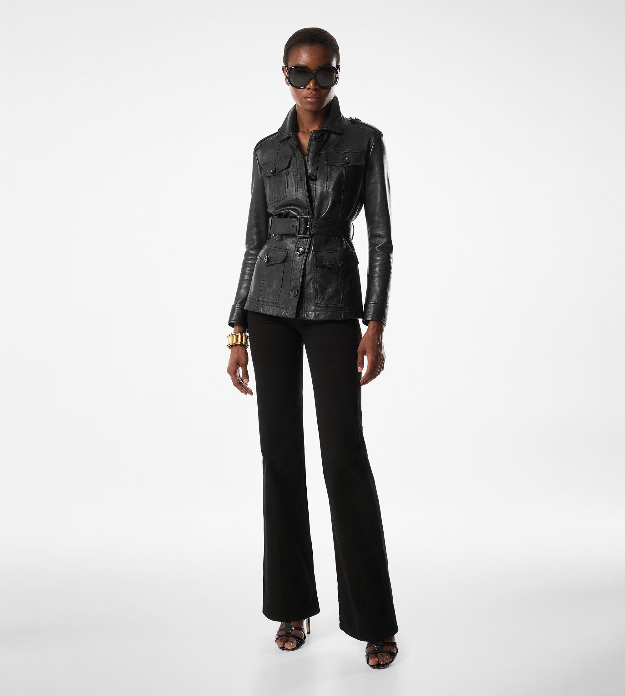 SHINY PLONGE LEATHER BELTED SAFARI JACKET