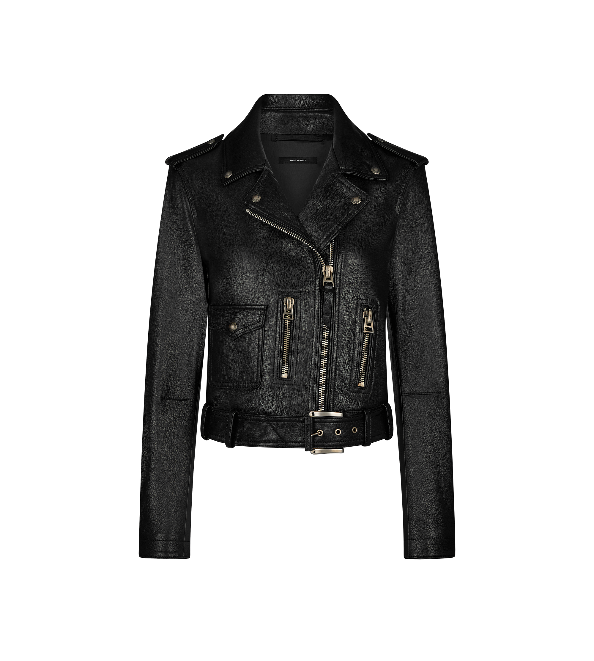 SHINY PLONGE LEATHER BIKER JACKET