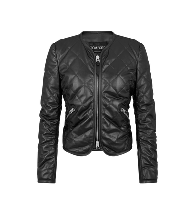 QUILTED COLLARLESS LEATHER JACKET