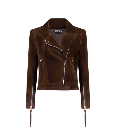 TOM FORD LEATHER CHOCOLATE BROWN SUEDE BIKER JACKET WITH T-TRIM
