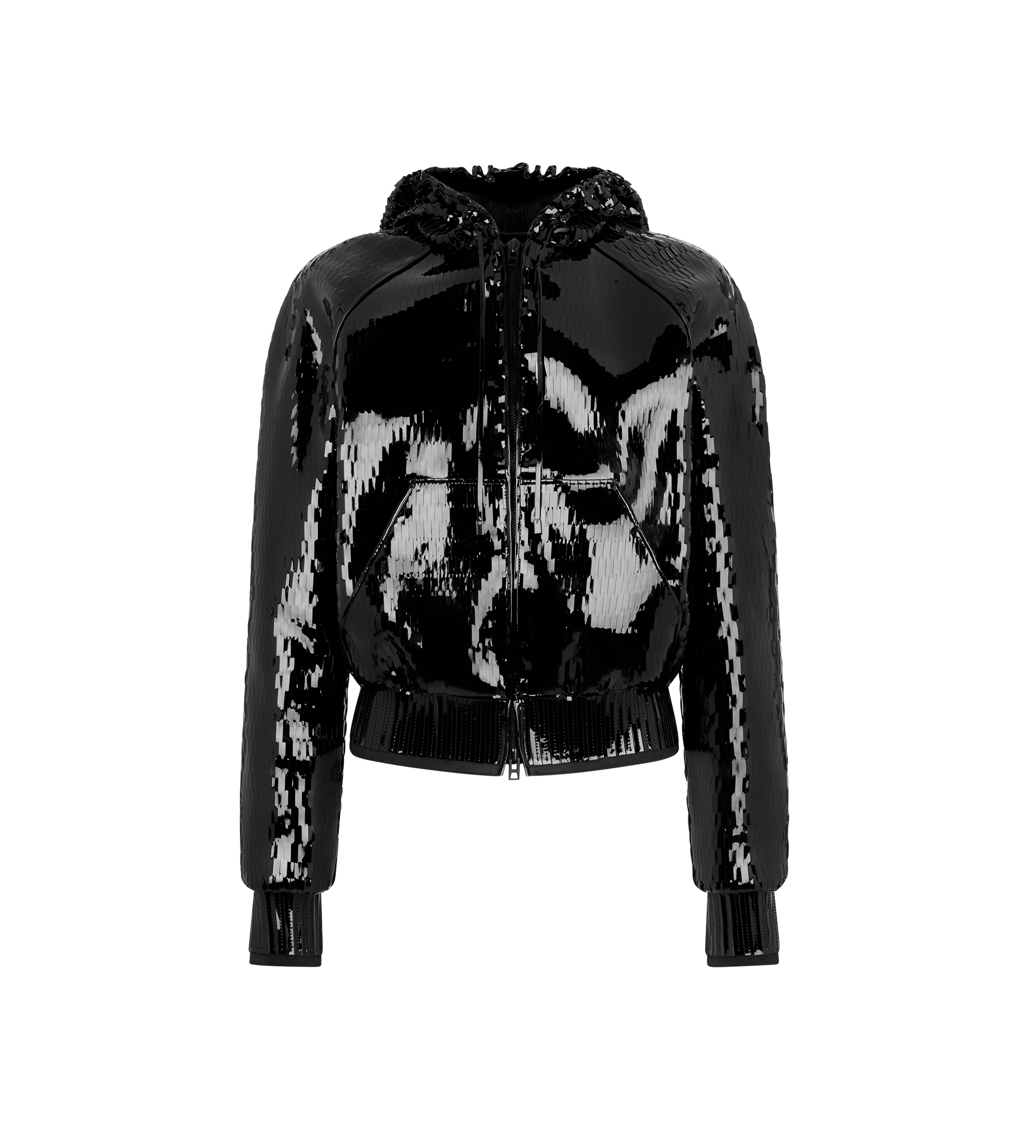 PERFORATED PATENT CALF LEATHER HOODED BOMBER JACKET