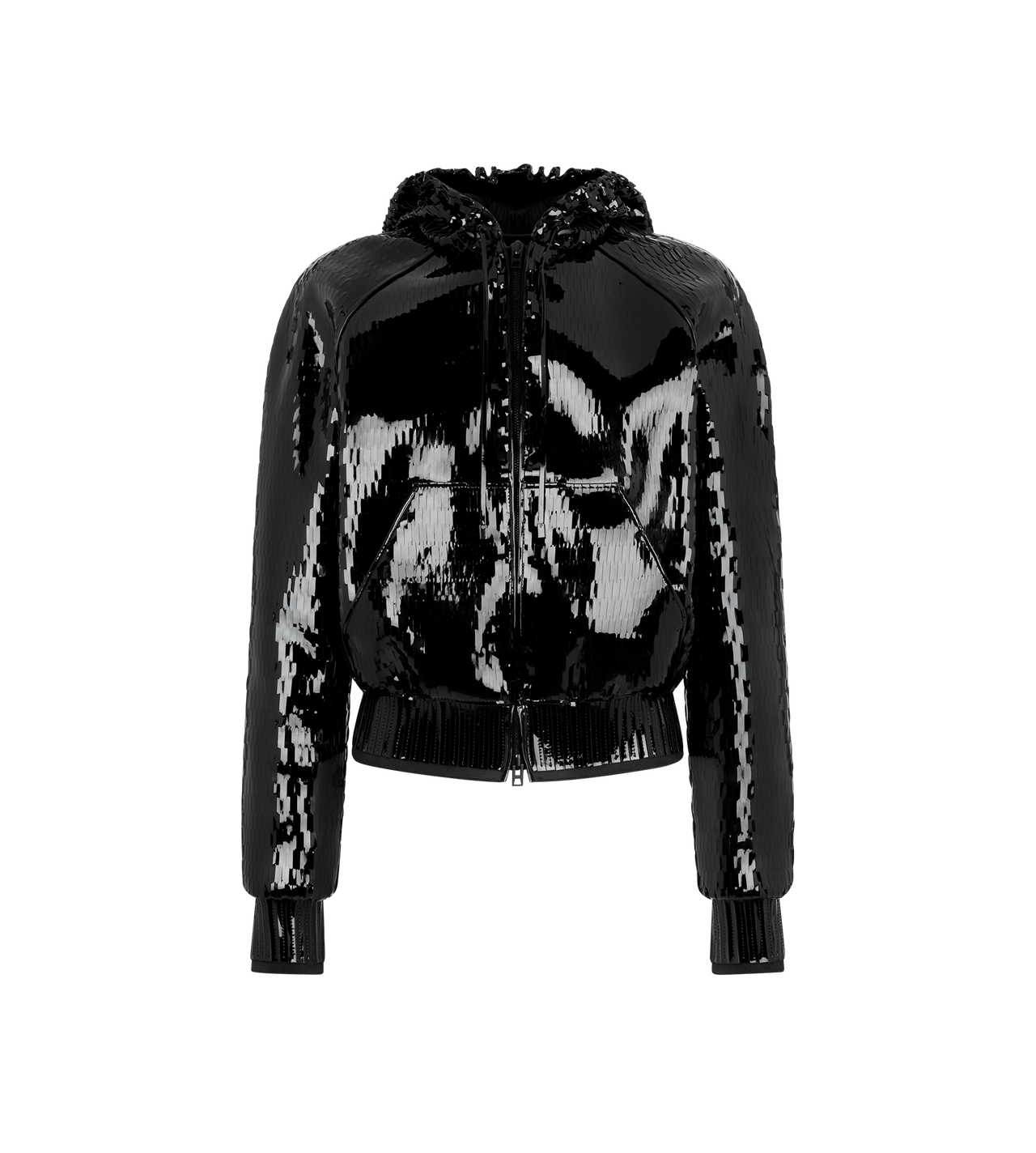 TOM FORD LEATHER BLACK & BLACK PERFORATED PATENT CALF LEATHER HOODED BOMBER JACKET