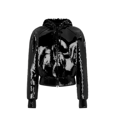 TOM FORD LEATHER BLACK & BLACK PERFORATED PATENT CALF LEATHER HOODED BOMBER JACKET