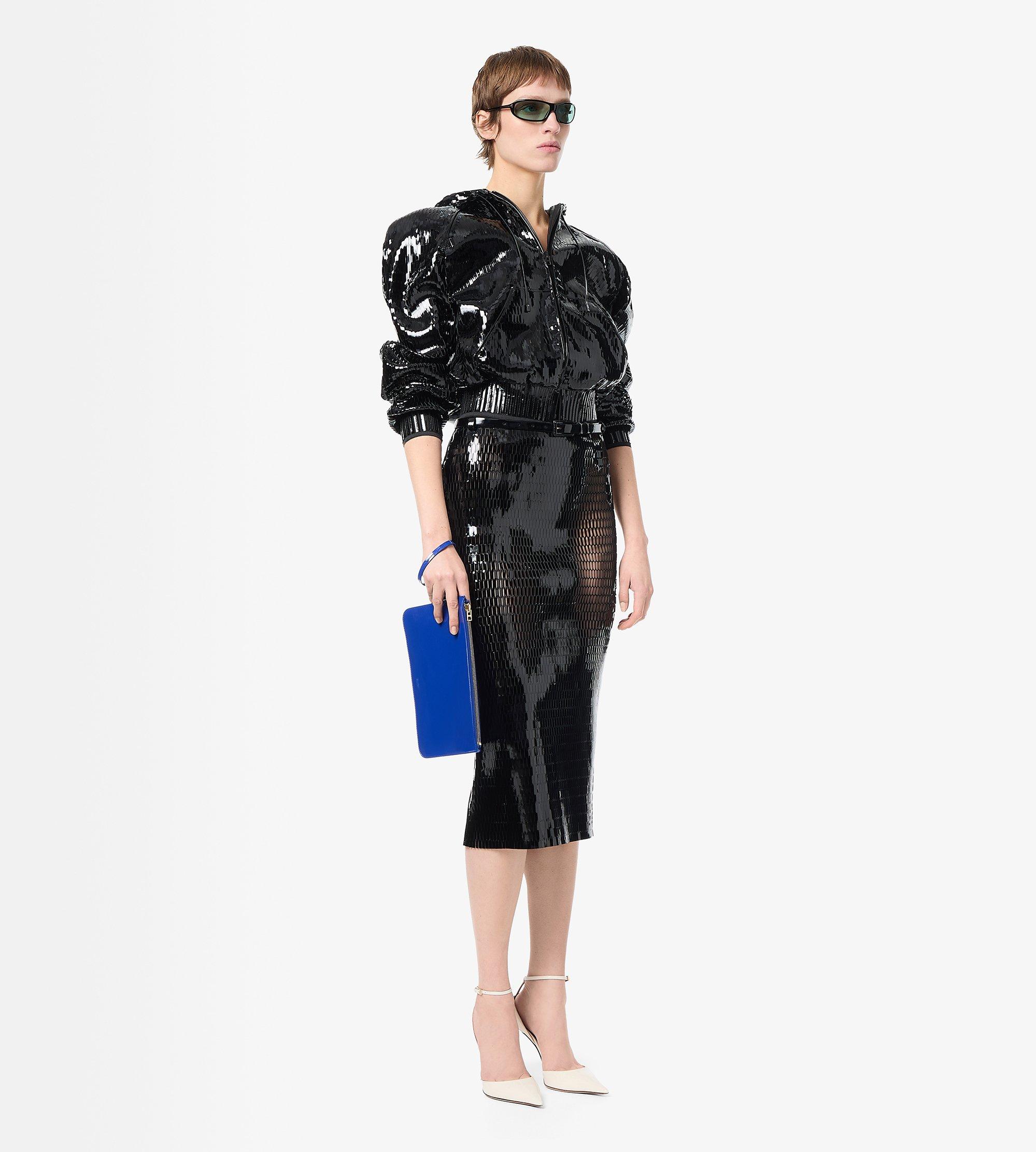 PERFORATED PATENT CALF LEATHER HOODED BOMBER JACKET