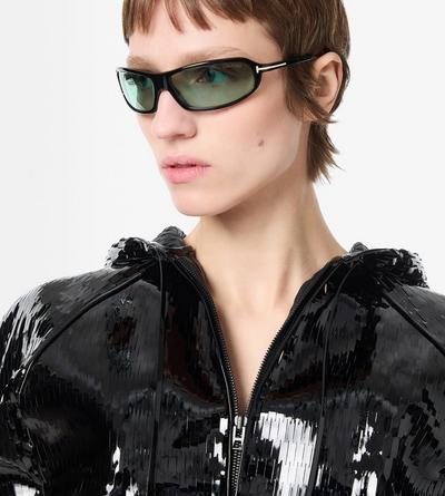 TOM FORD LEATHER BLACK & BLACK PERFORATED PATENT CALF LEATHER HOODED BOMBER JACKET
