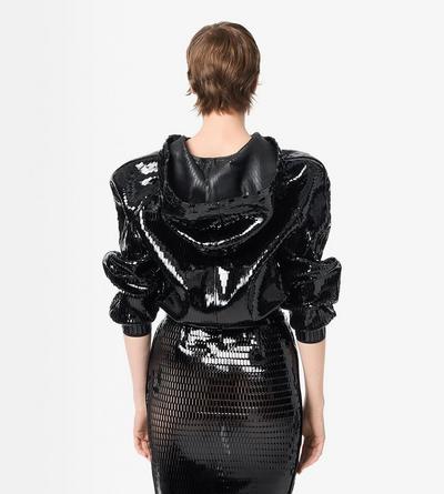 TOM FORD LEATHER BLACK & BLACK PERFORATED PATENT CALF LEATHER HOODED BOMBER JACKET