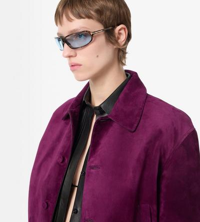 TOM FORD LEATHER AUBERGINE BLOUSON TEDDY DALLA VESTIBILIT&Agrave; RILASSATA IN PELLE DI AGNELLO SCAMOSCIATA LEGGERA