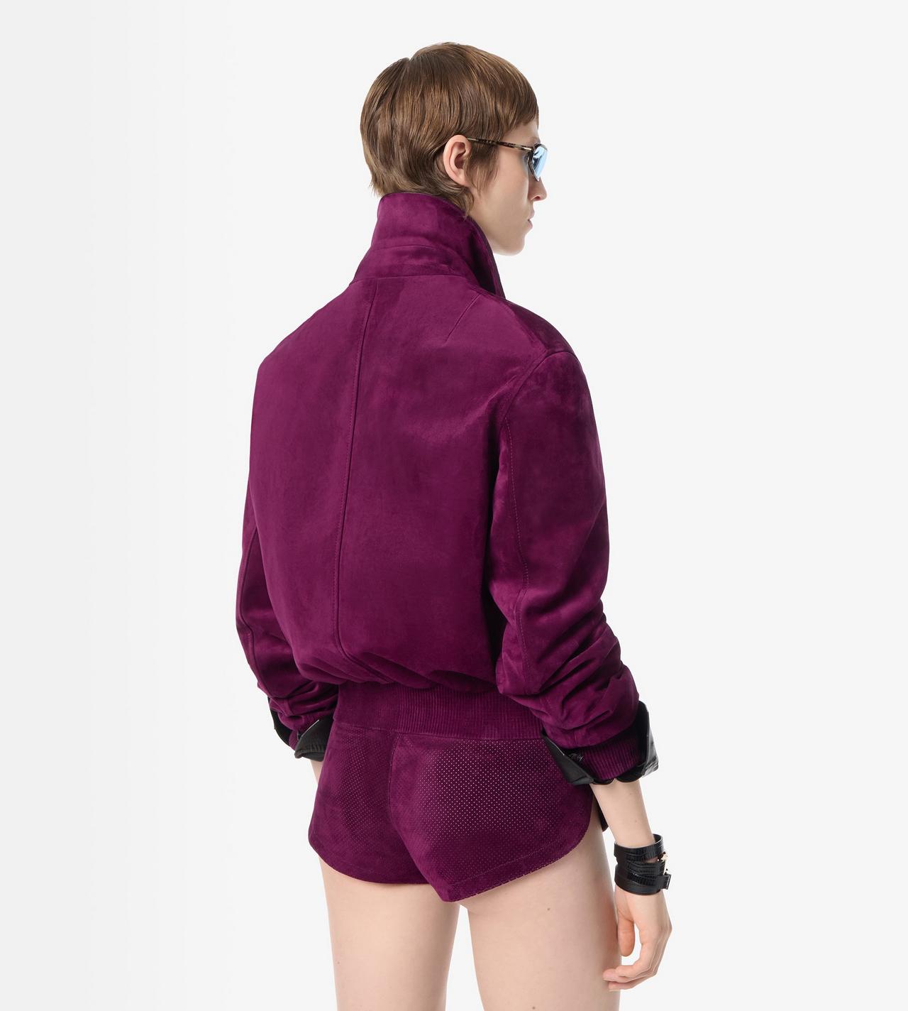 TOM FORD LEATHER AUBERGINE BLOUSON TEDDY DALLA VESTIBILIT&Agrave; RILASSATA IN PELLE DI AGNELLO SCAMOSCIATA LEGGERA