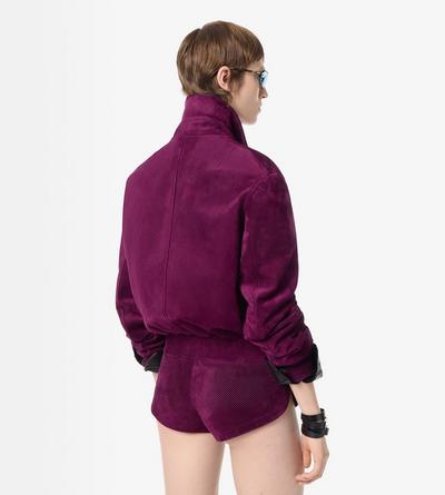 TOM FORD LEATHER AUBERGINE BLOUSON TEDDY DALLA VESTIBILIT&Agrave; RILASSATA IN PELLE DI AGNELLO SCAMOSCIATA LEGGERA