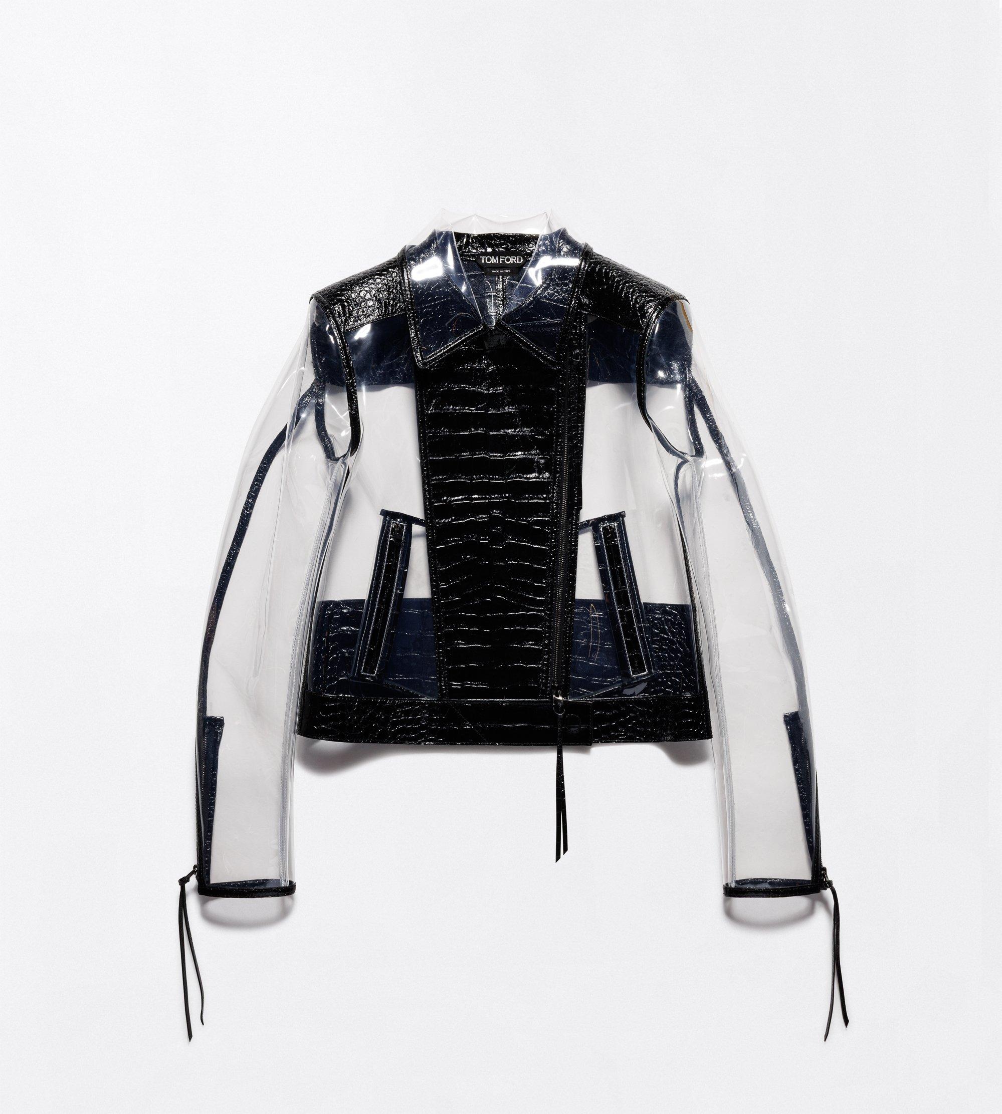 GLASS-EFFECT TECHNICAL FABRIC AND PRINTED LEATHER BIKER JACKET