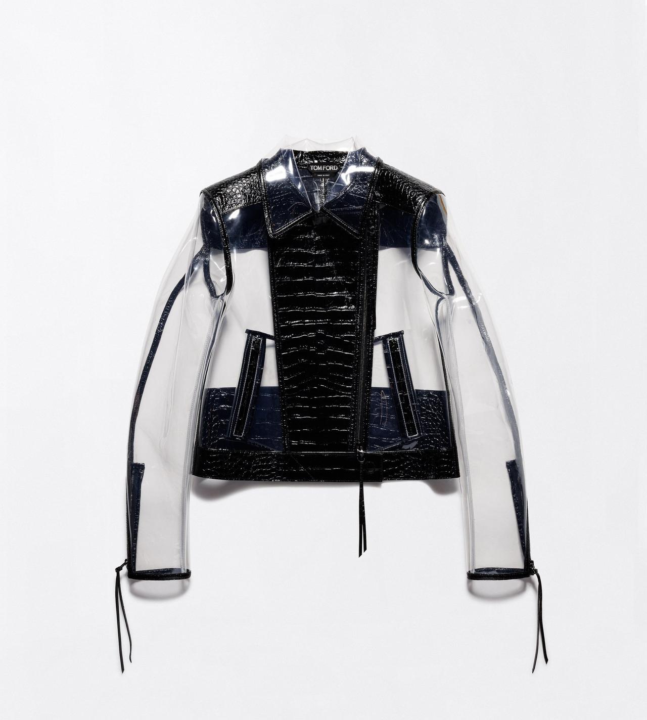 TOM FORD LEATHER BLACK GLASS-EFFECT TECHNICAL FABRIC AND PRINTED LEATHER BIKER JACKET