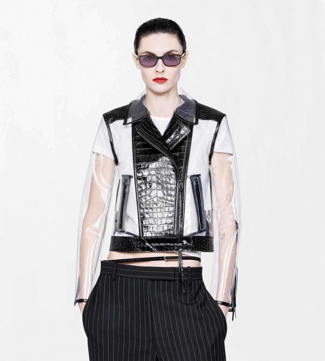 TOM FORD LEATHER BLACK GLASS-EFFECT TECHNICAL FABRIC AND PRINTED LEATHER BIKER JACKET