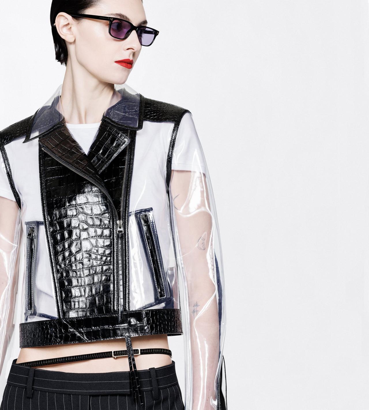 TOM FORD LEATHER BLACK GLASS-EFFECT TECHNICAL FABRIC AND PRINTED LEATHER BIKER JACKET