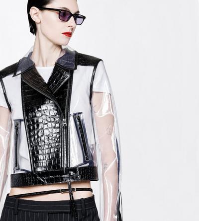 TOM FORD LEATHER BLACK GLASS-EFFECT TECHNICAL FABRIC AND PRINTED LEATHER BIKER JACKET