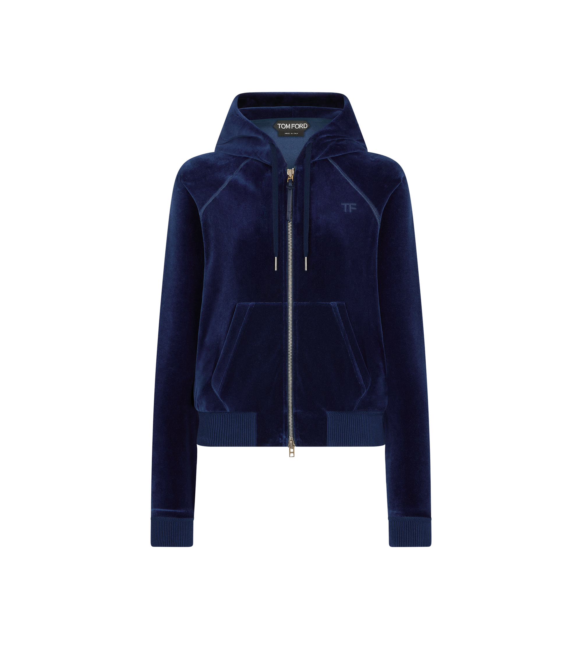 STRETCH COTTON VELOUR ZIP HOODIE WITH TONAL TF EMBROIDERED LOGO