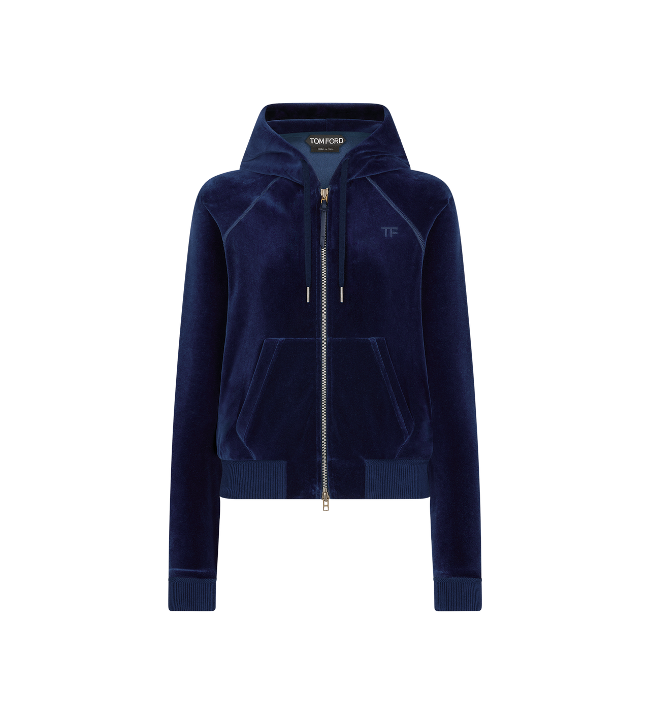 STRETCH COTTON VELOUR ZIP HOODIE  WITH TONAL TF EMBROIDERED LOGO image number 0