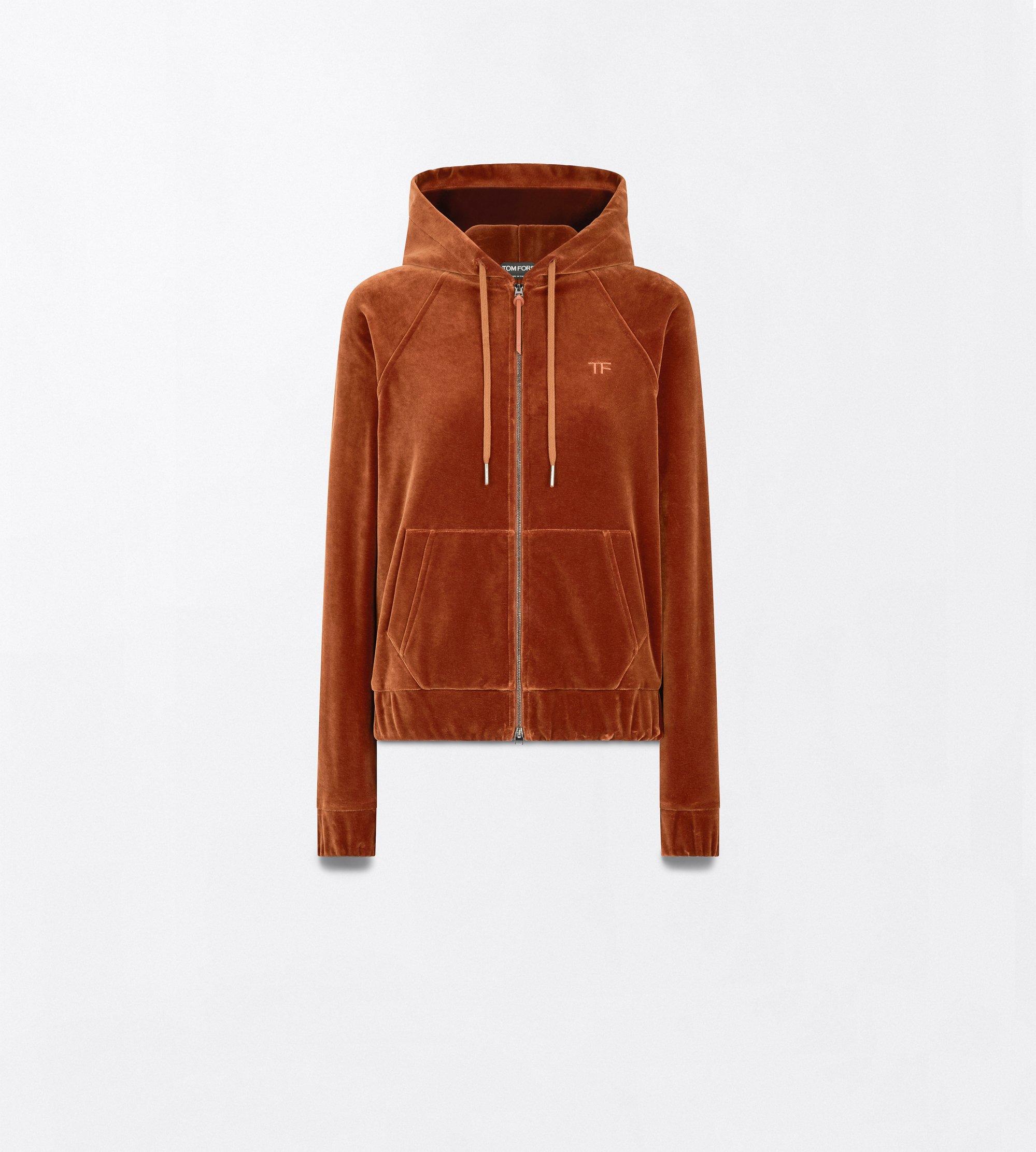 STRETCH COTTON VELOUR ZIP HOODIE WITH TONAL TF EMBROIDERED LOGO