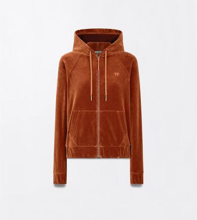 TOM FORD  HAZELNUT STRETCH COTTON VELOUR ZIP HOODIE WITH TONAL TF EMBROIDERED LOGO