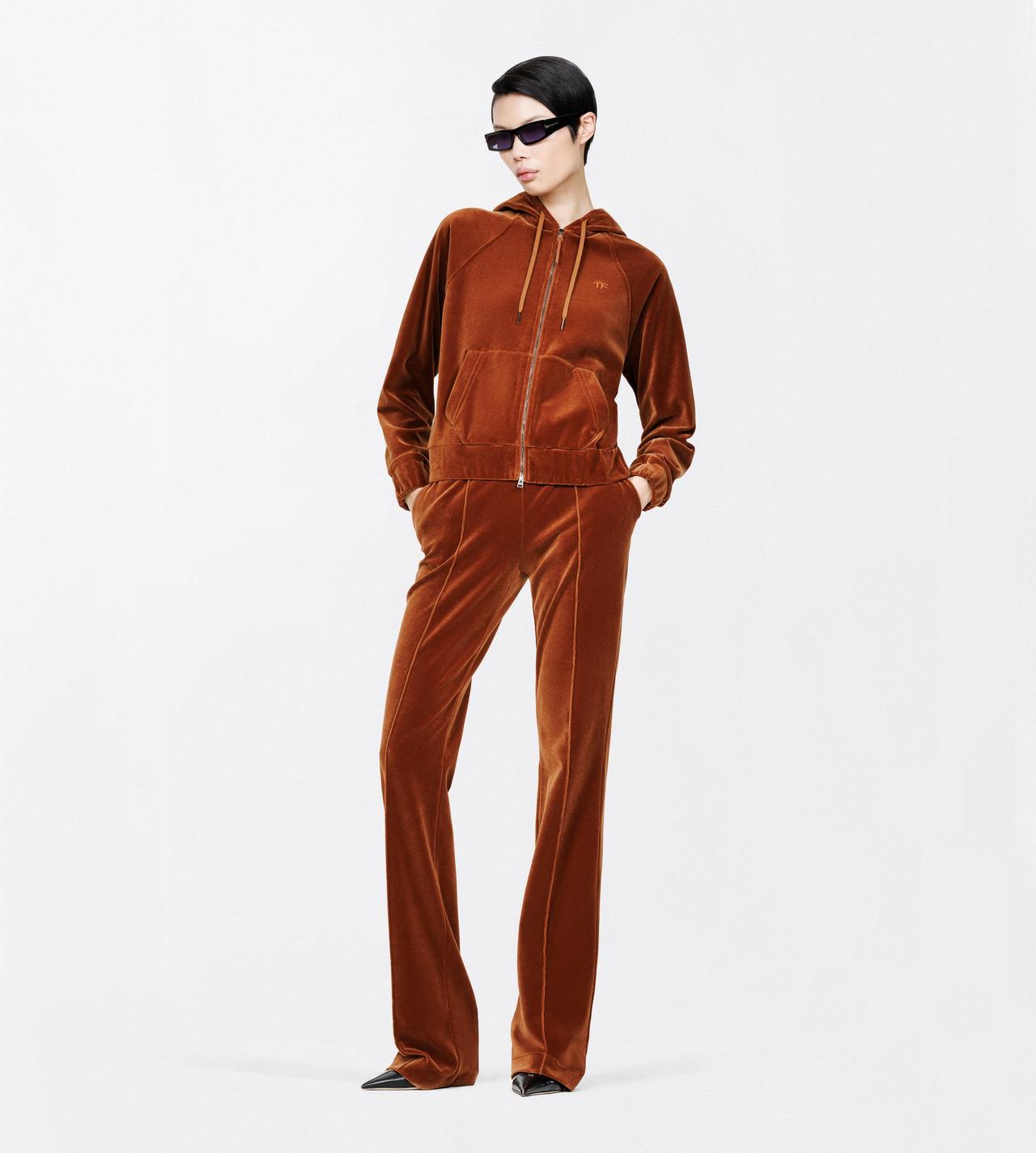TOM FORD  HAZELNUT STRETCH COTTON VELOUR ZIP HOODIE WITH TONAL TF EMBROIDERED LOGO