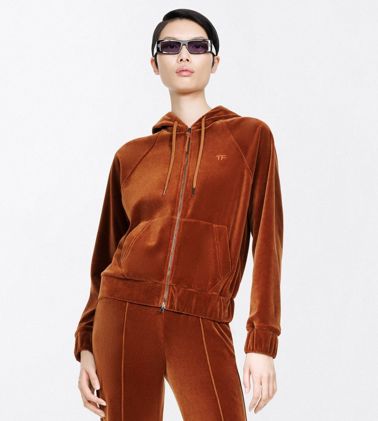 TOM FORD  HAZELNUT STRETCH COTTON VELOUR ZIP HOODIE WITH TONAL TF EMBROIDERED LOGO