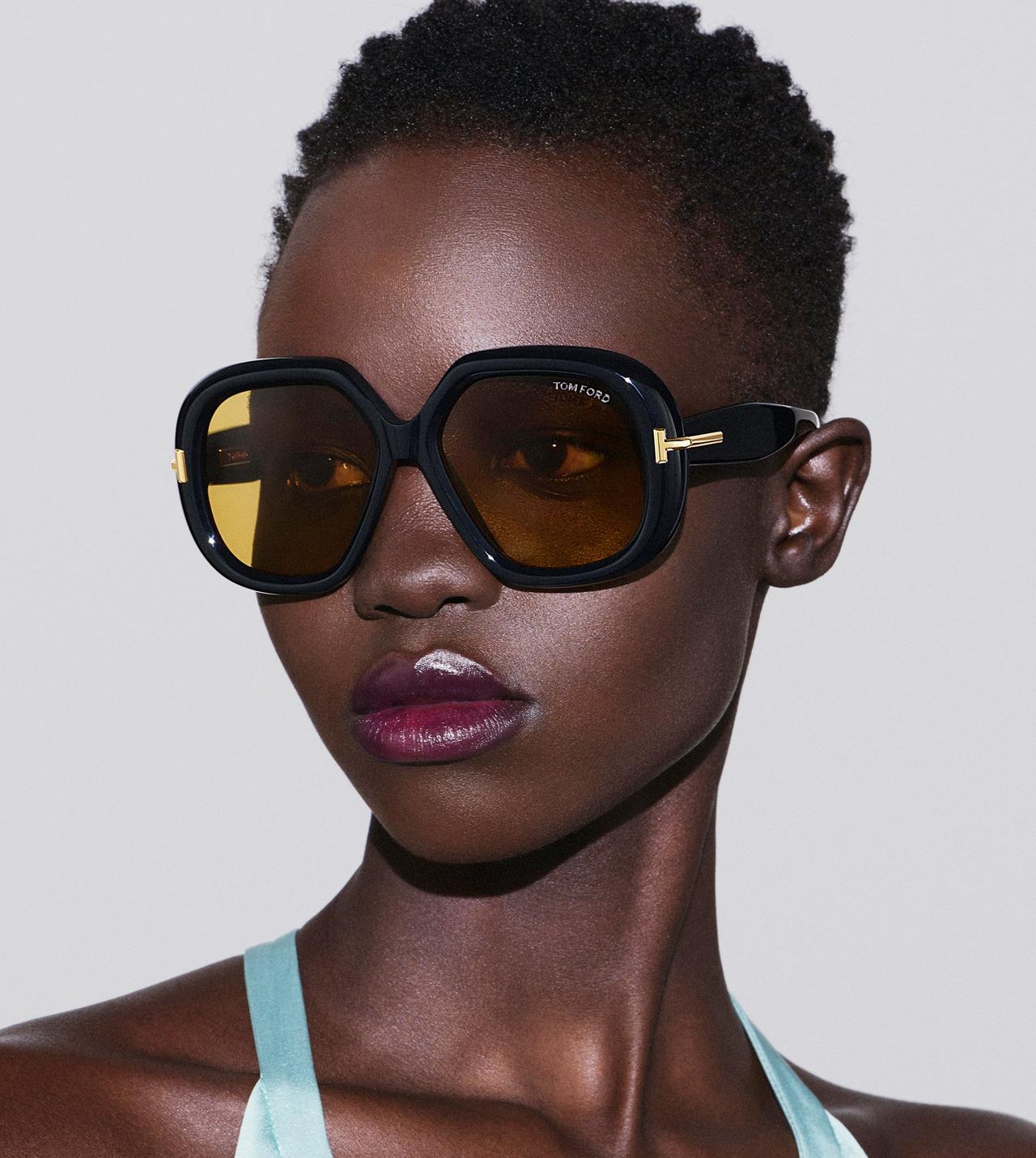 TOM FORD OM SHINY BLACK  / BROWN GEOMETRIC ICON SUNGLASSES