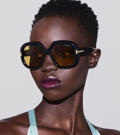 TOM FORD OM SHINY BLACK  / BROWN GEOMETRIC ICON SUNGLASSES