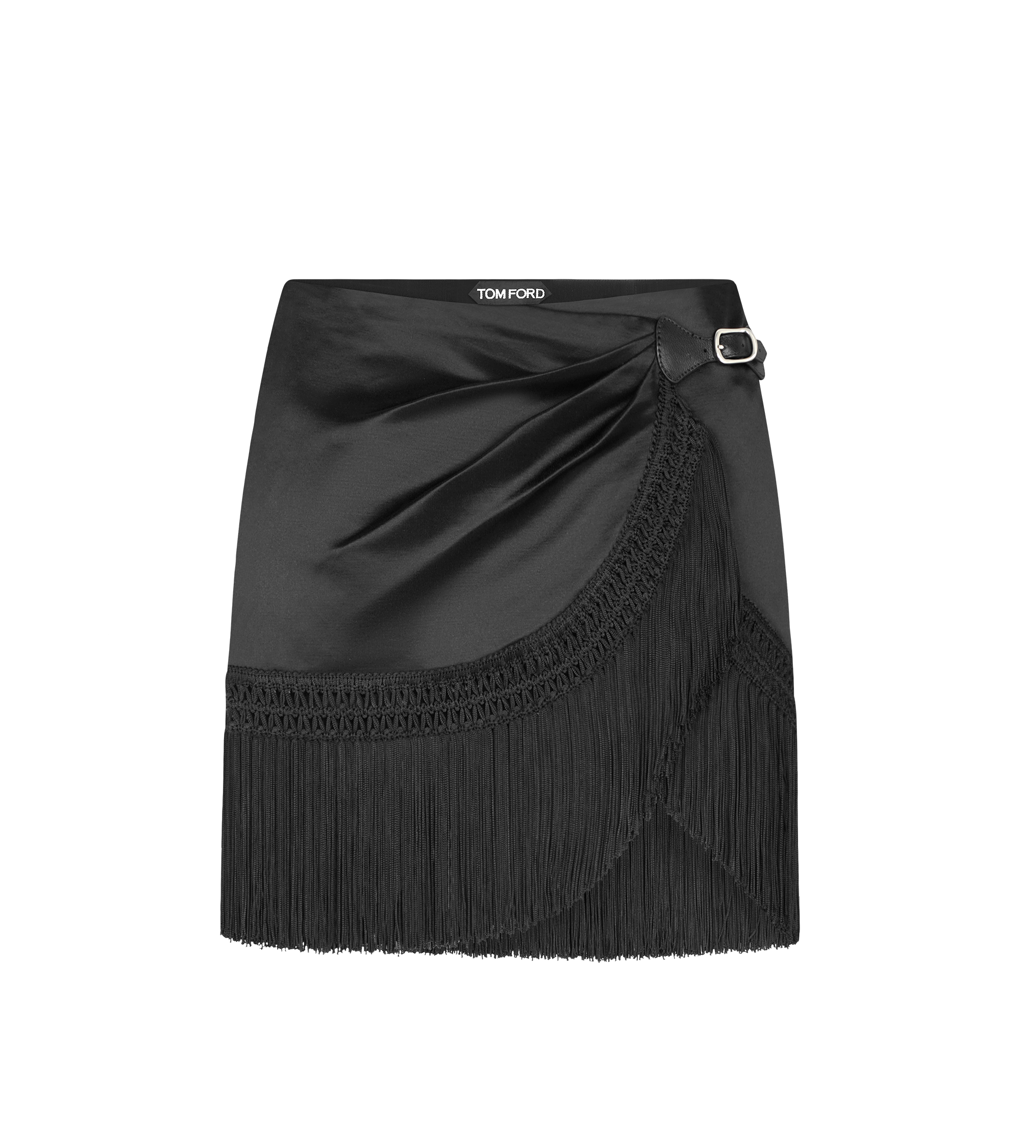 WRAP MINI SKIRT WITH LEATHER DETAIL AND FRINGES