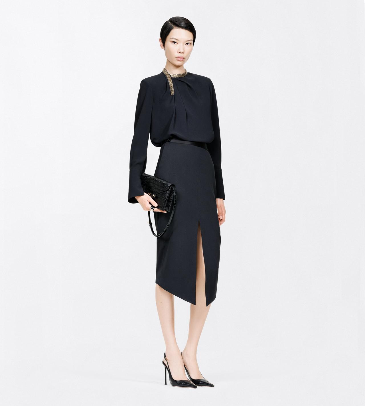 TOM FORD SATIN BLACK SATIN TAILORED TUXEDO PENCIL SKIRT WITH BUTTON DETAILS