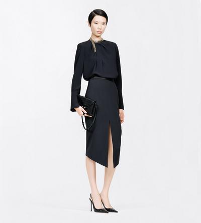 TOM FORD SATIN BLACK SATIN TAILORED TUXEDO PENCIL SKIRT WITH BUTTON DETAILS