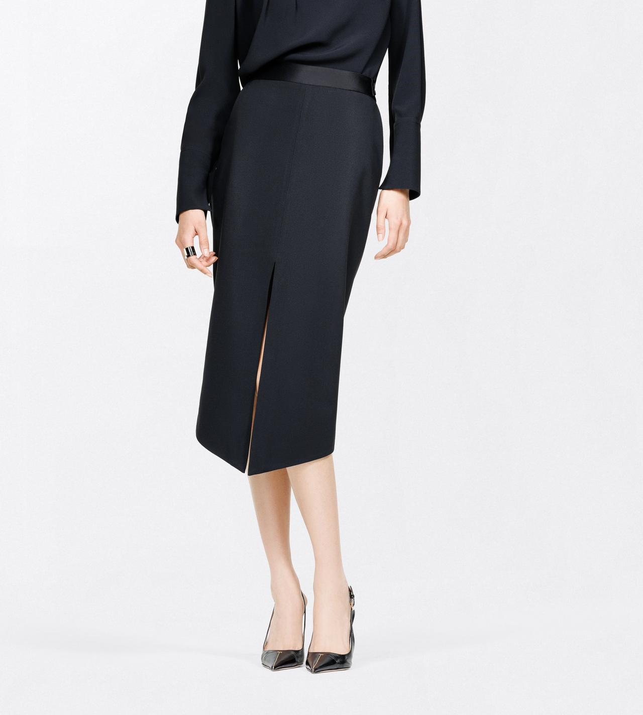 TOM FORD SATIN BLACK SATIN TAILORED TUXEDO PENCIL SKIRT WITH BUTTON DETAILS