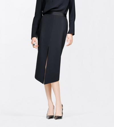 TOM FORD SATIN BLACK SATIN TAILORED TUXEDO PENCIL SKIRT WITH BUTTON DETAILS