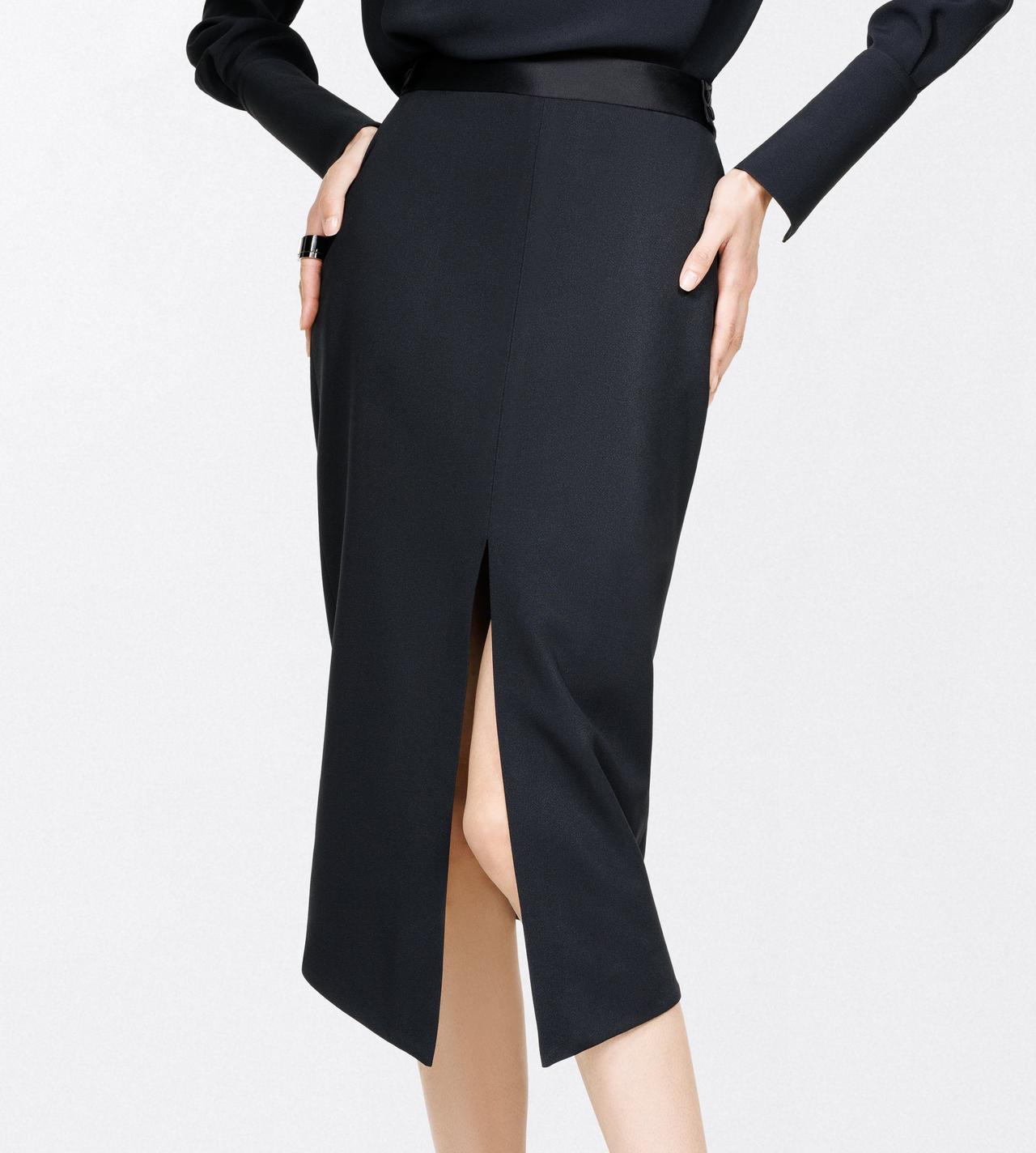 TOM FORD SATIN BLACK SATIN TAILORED TUXEDO PENCIL SKIRT WITH BUTTON DETAILS
