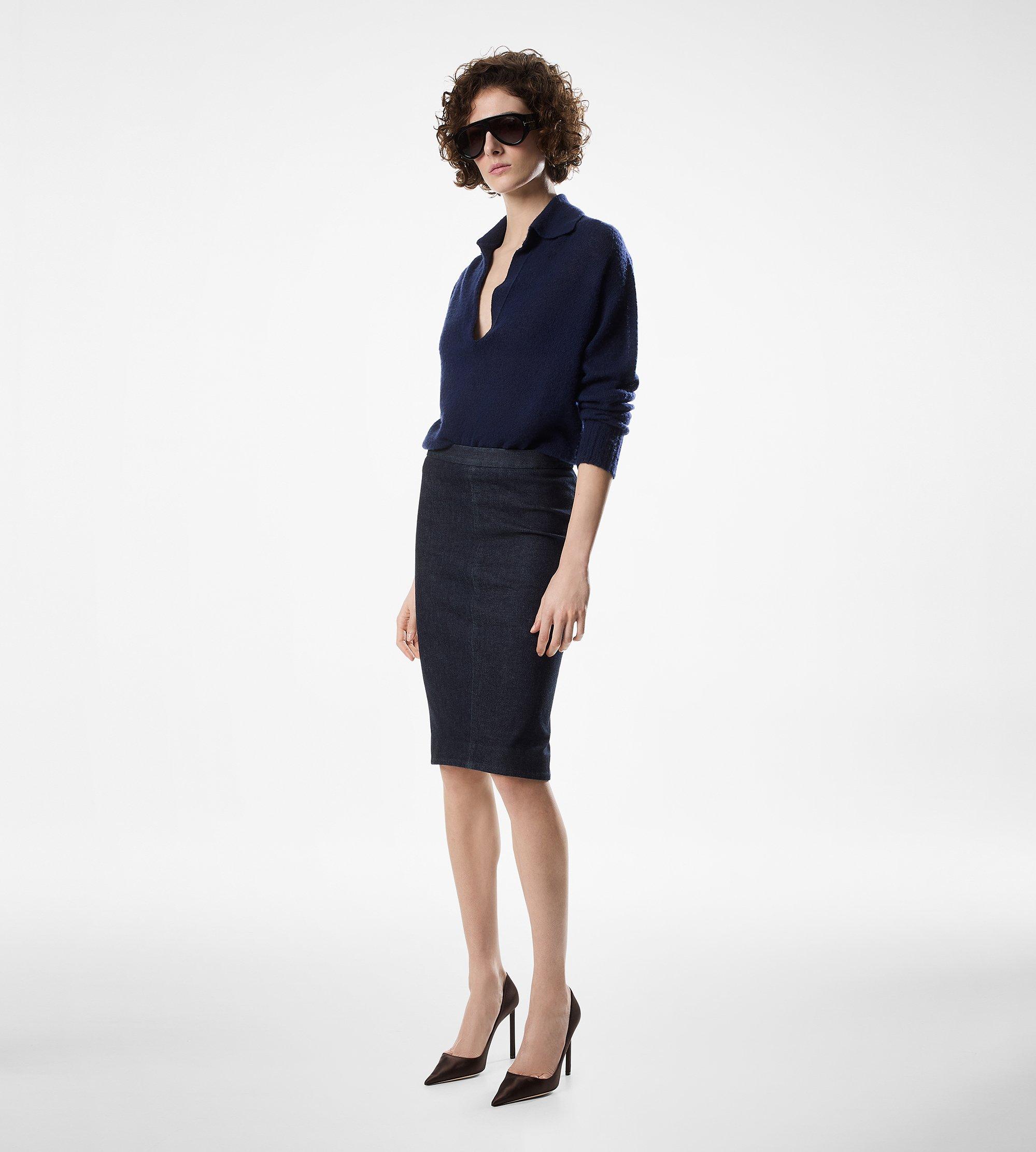 KNEE-LENGTH TAILORED DENIM SKIRT