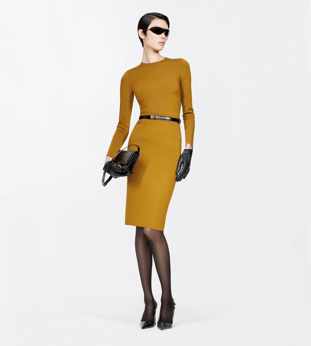 TOM FORD VISCOSE BLEND OLIVINE GREEN KNEE-LENGTH FITTED PENCIL SKIRT WITH SHAPING DETAILS