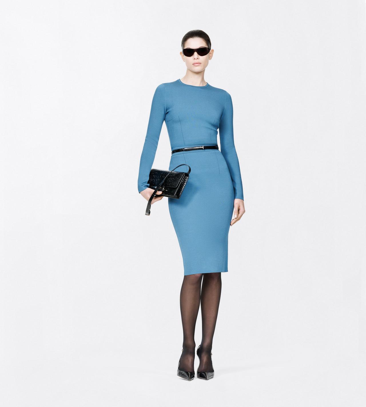 TOM FORD VISCOSE BLEND DEEP TEAL KNEE-LENGTH FITTED PENCIL SKIRT WITH SHAPING DETAILS