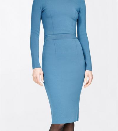 TOM FORD VISCOSE BLEND DEEP TEAL KNEE-LENGTH FITTED PENCIL SKIRT WITH SHAPING DETAILS