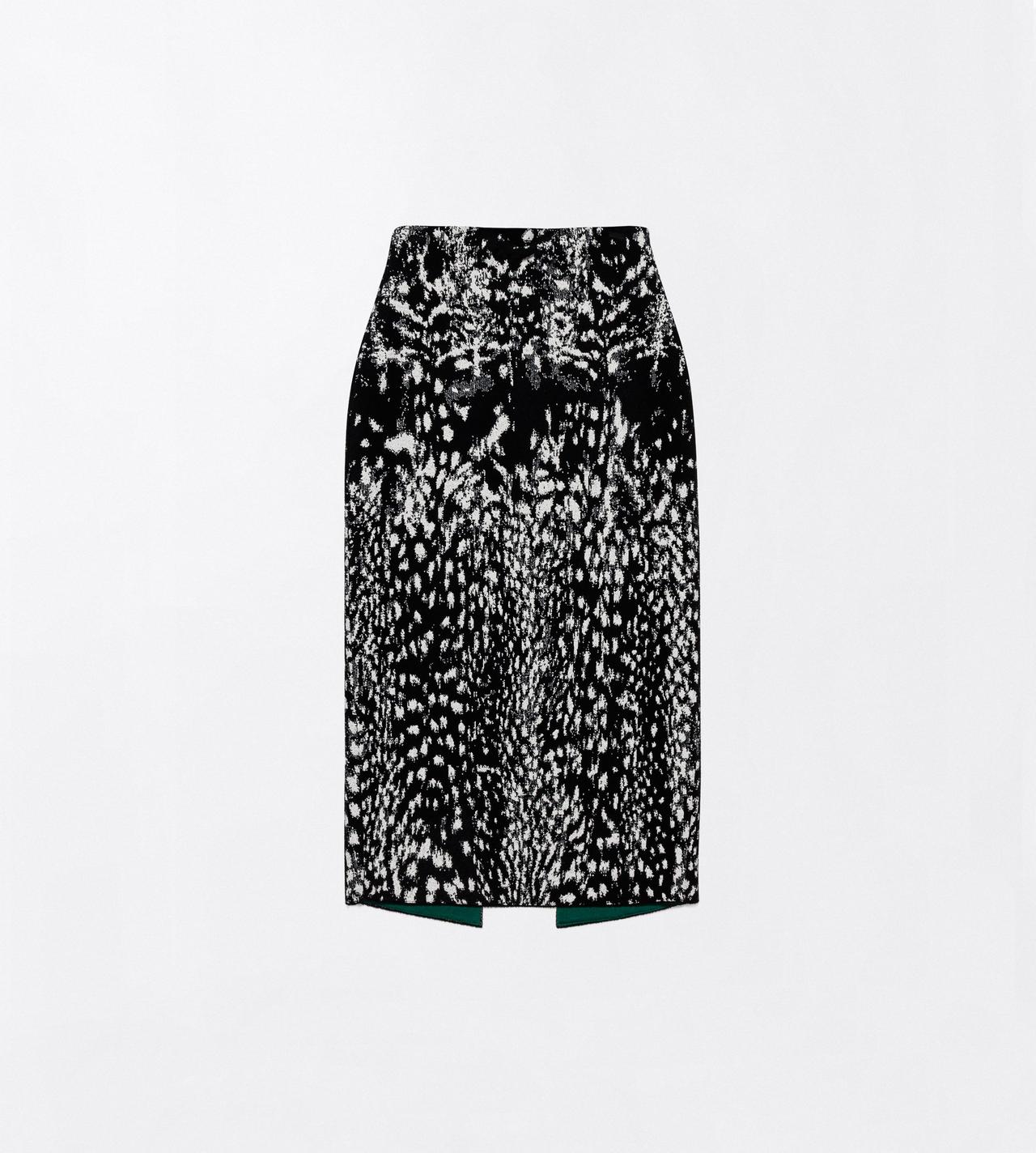 TOM FORD VELVET BLACK&WHITE + GREEN LYNX JACQUARD VELVET PENCIL SKIRT WITH FRONT SLIT