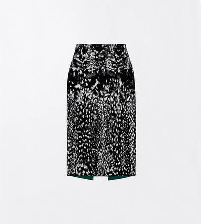 TOM FORD VELVET BLACK&WHITE + GREEN LYNX JACQUARD VELVET PENCIL SKIRT WITH FRONT SLIT